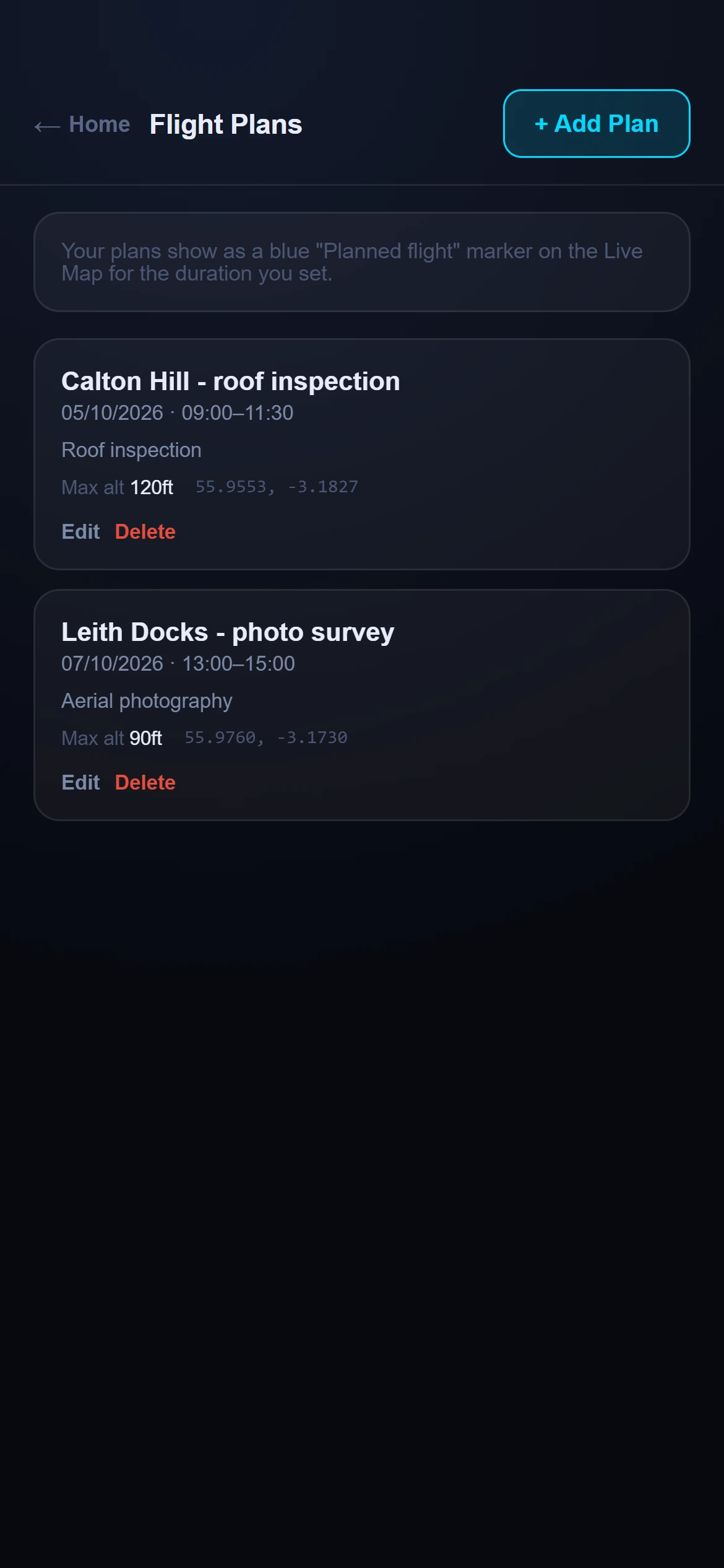 Flight plans list